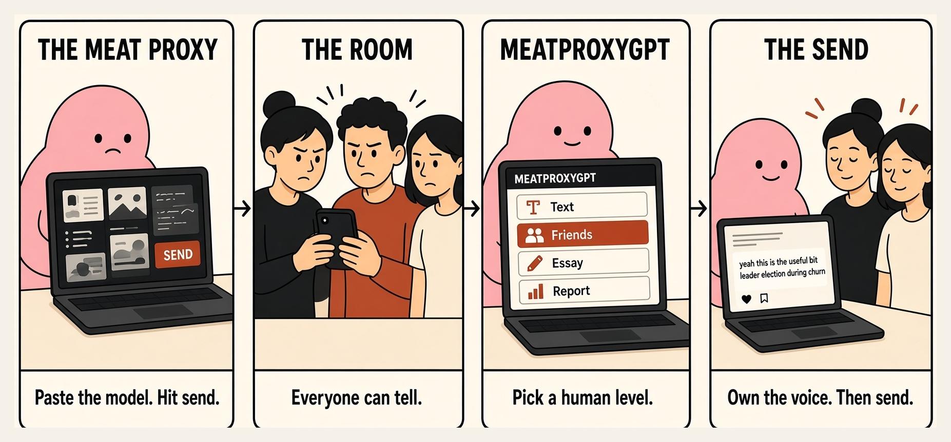 Four-panel comic: a meat proxy pastes unread AI, the room can tell, MeatProxyGPT rewrites it at a human level, then they send.